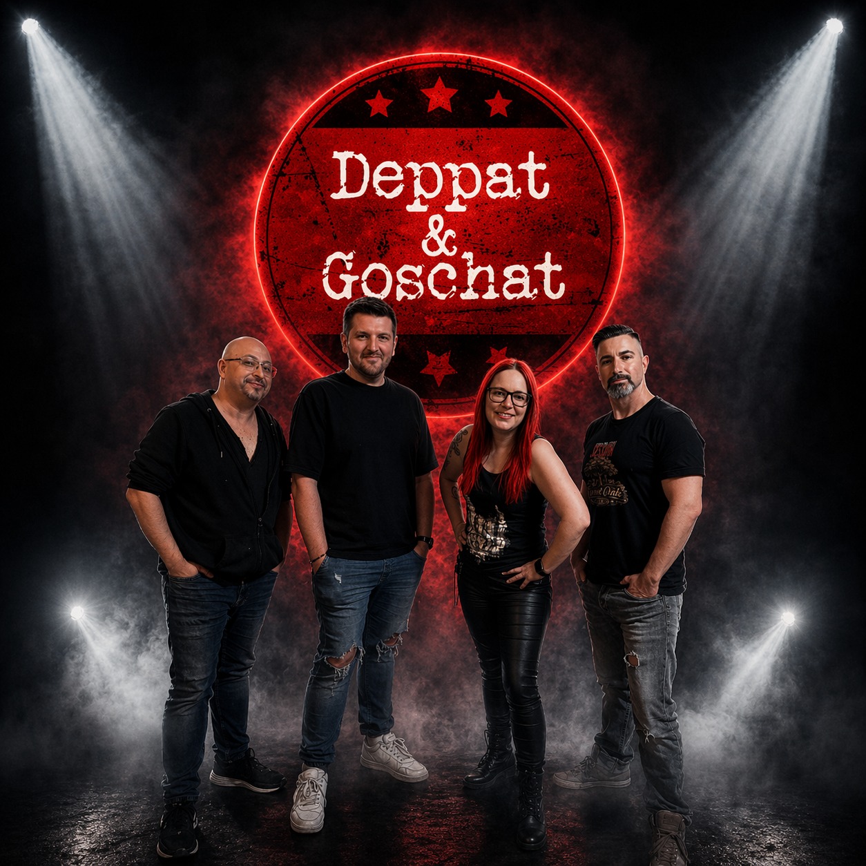 Deppat & Goschat als Band im roten Bühnenlicht